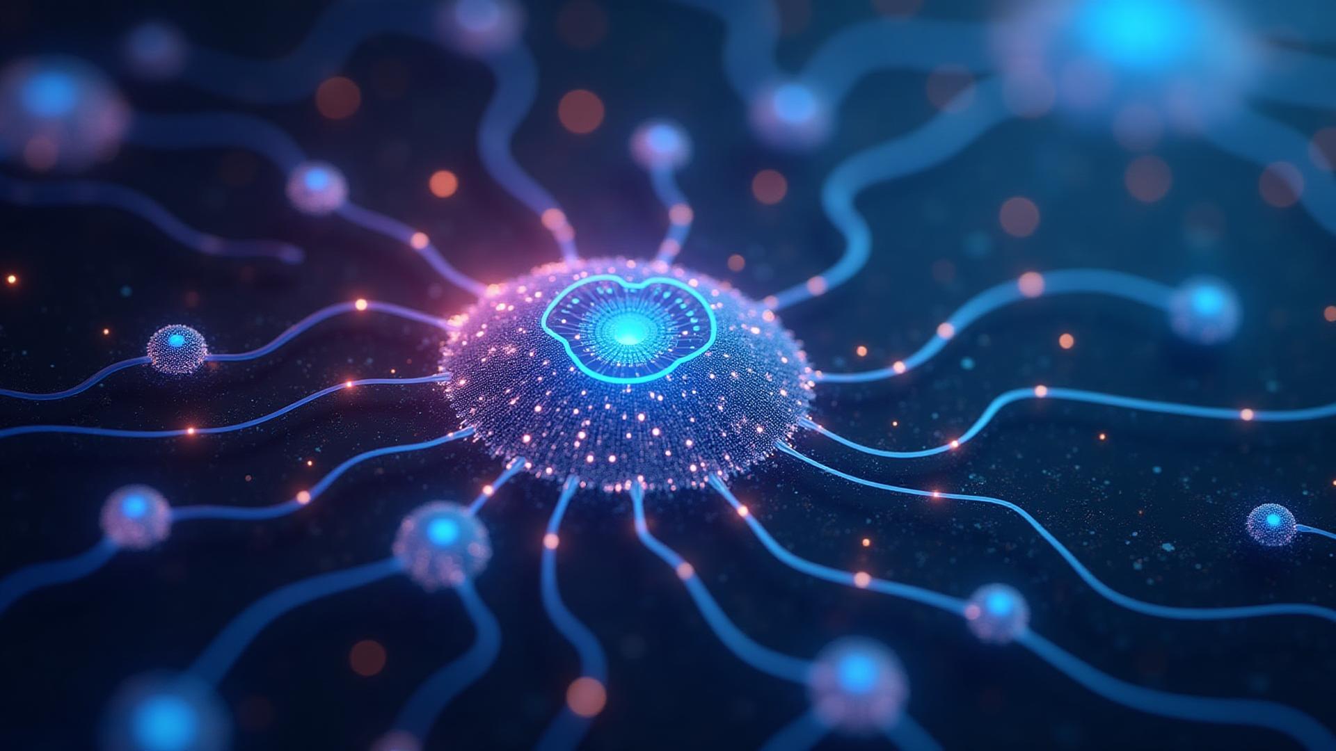 AI agents and autonomous systems with interconnected neural network nodes and flowing data streams